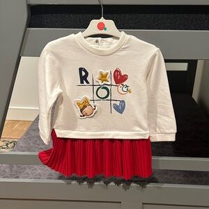 Mayoral White & Red Long-Sleeve Top with Pleated Red Skirt